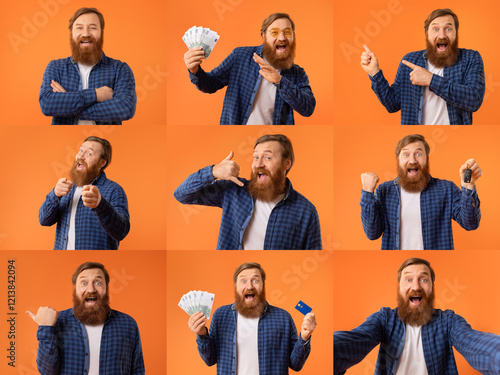 A cheerful man with a beard confidently displays cash and a credit card against a vibrant orange background, engaging in various enthusiastic poses that highlight positivity and excitement. photo