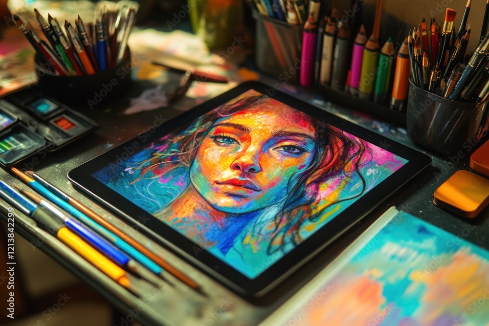 Digital painting displayed on tablet, art studio, colorful pencils, brushes Digital painting displayed on tablet, art studio, colorful pencils, brushes
