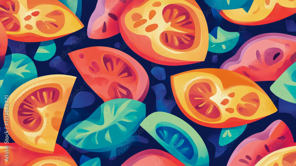Naklejka premium Vibrant Slices of Tomatoes and Citrus Fruits on Dark Background: A Colorful Abstract Food Illustration