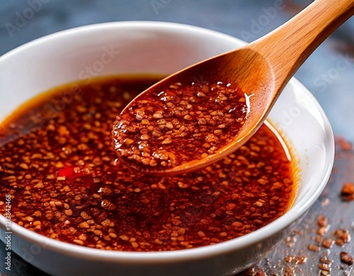 Chili Oil Spicy Oil in jar on kitchen table