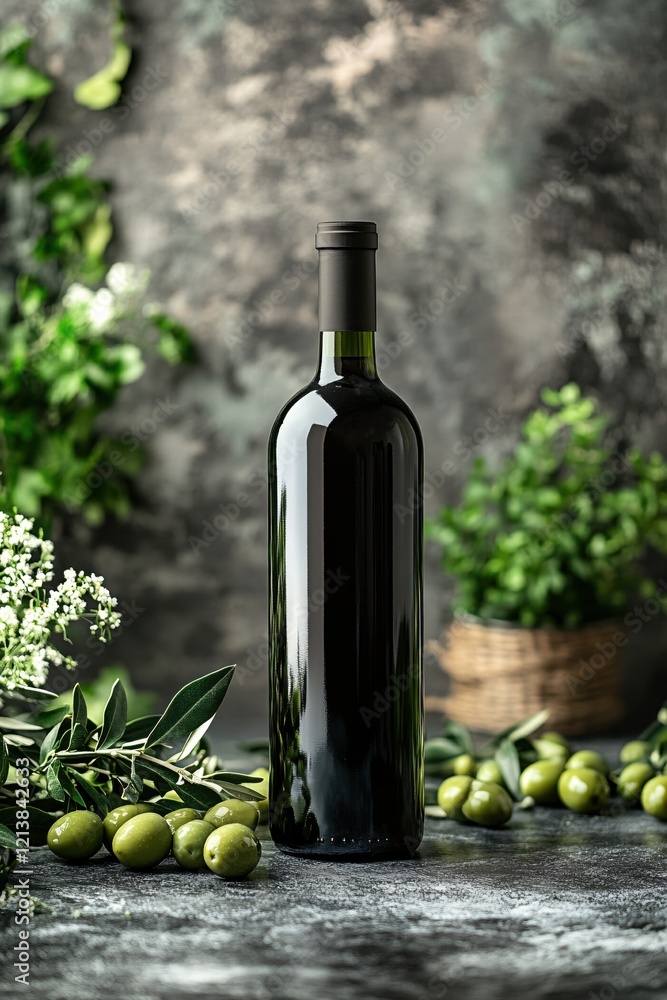 Obraz premium Dark Glass Wine Bottle with Olives and Green Leaves on Textured Surface Still Life