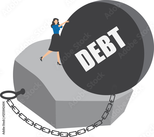 Pay off business debt, reduce the burden of obligations, deficit or borrowing due, managing debt, responsibility to pay debtor, businesswoman pushes the debt burden ball into the canyon