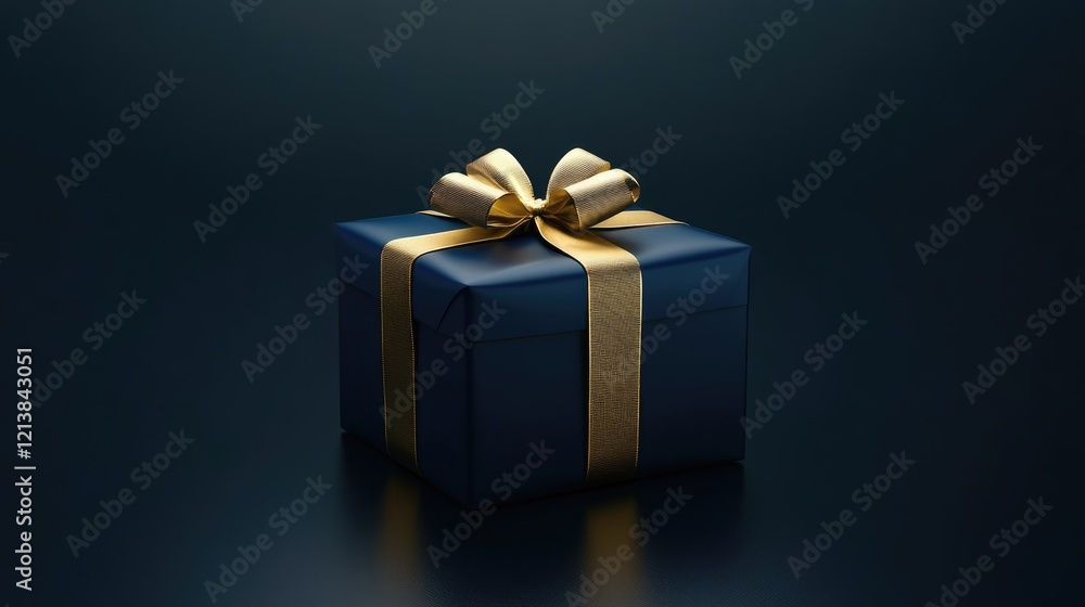 Obraz premium Dark blue gift box, gold satin ribbon on dark background. Ideal for holiday or Christmas present with copy space.