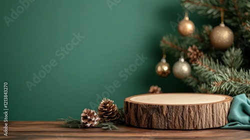 Wooden Christmas product display, green background