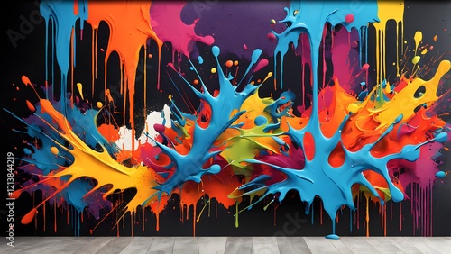 Vibrant splashes and drips of colorful paint explode across a dark wall, creating an energetic and artistic backdrop.