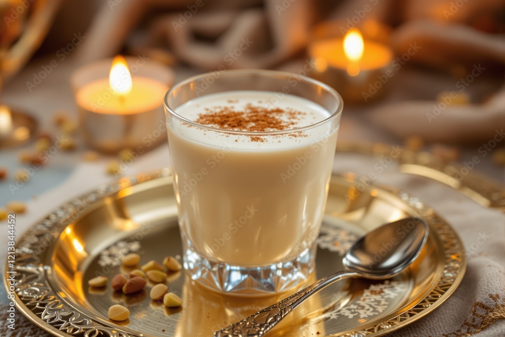Warm Creamy Eggnog Drink in Glass with Cinnamon and Nuts on Golden Tray Warm Creamy Eggnog Drink in Glass with Cinnamon and Nuts on Golden Tray