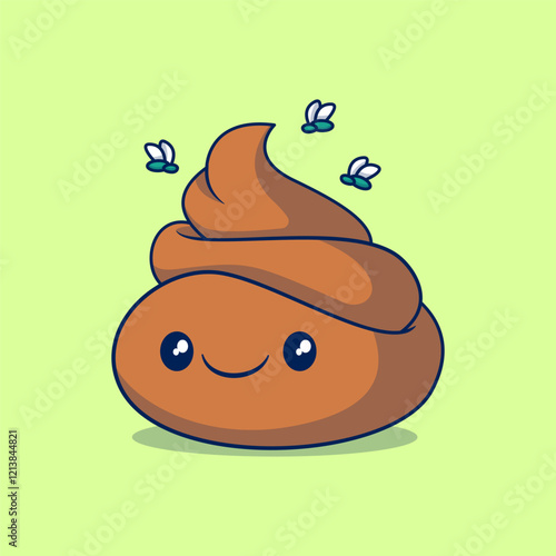Cartoon vector illustration of small cute poop with flies buzzing around it