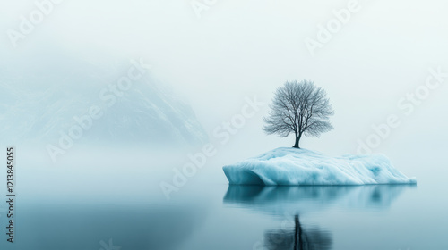 Solitary tree on a misty iceberg in serene icy landscape photo