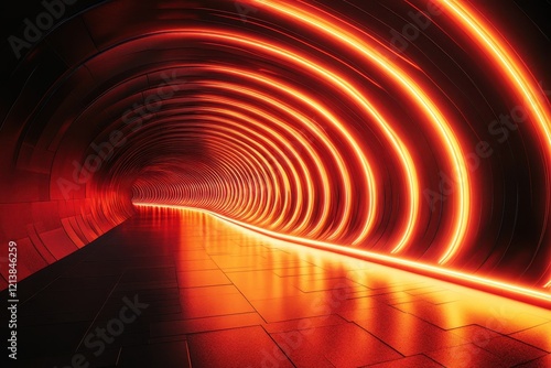 Vibrant orange glow illuminates a futuristic tunnel at dusk, creating an otherworldly atmosphere filled with intrigue and wonder. Generative AI
