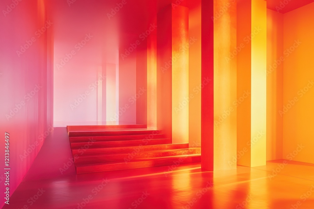Vibrant red and orange hallway with illuminated steps creating an ethereal atmosphere in an abstract architectural space. Generative AI Vibrant red and orange hallway with illuminated steps creating an ethereal atmosphere in an abstract architectural space. Generative AI