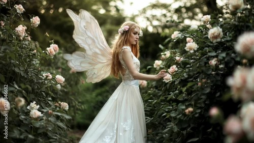 Enchanting fairy in a flowing gown walking through a blooming rose garden at sunset