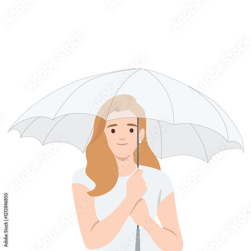 Woman holds white umbrella, enjoying moment while staying protected from the weather. Flat vector illustration isolated on white background