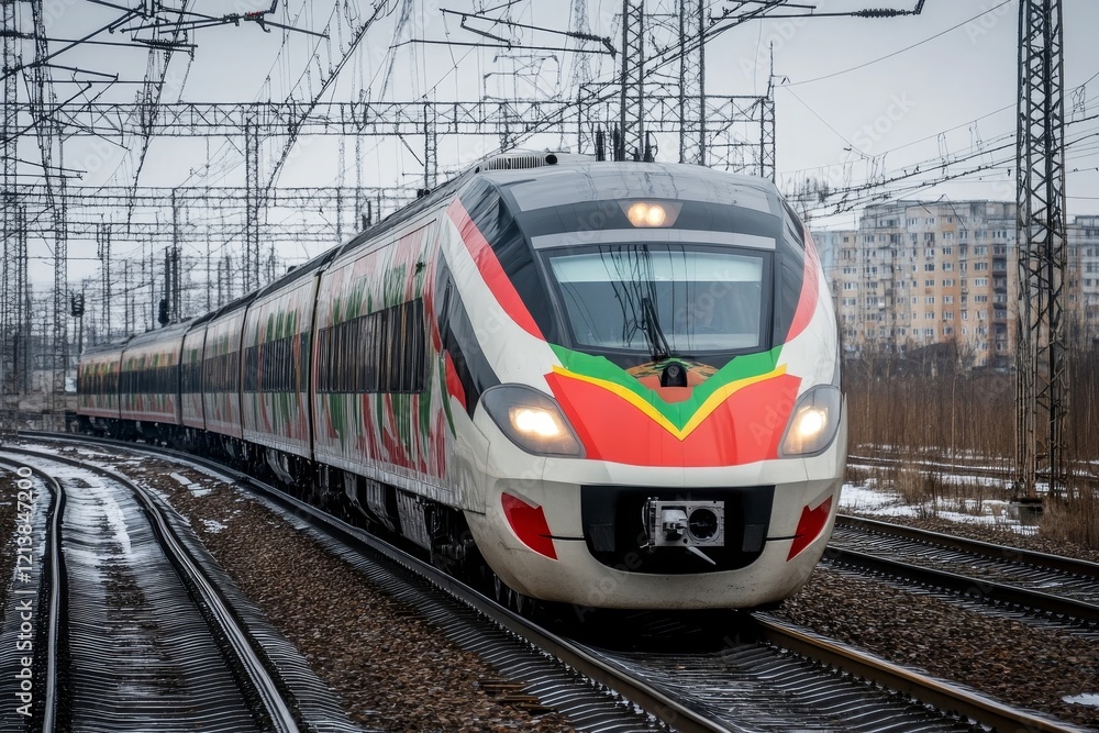 Fototapeta premium Modern train at high speed, Generative AI