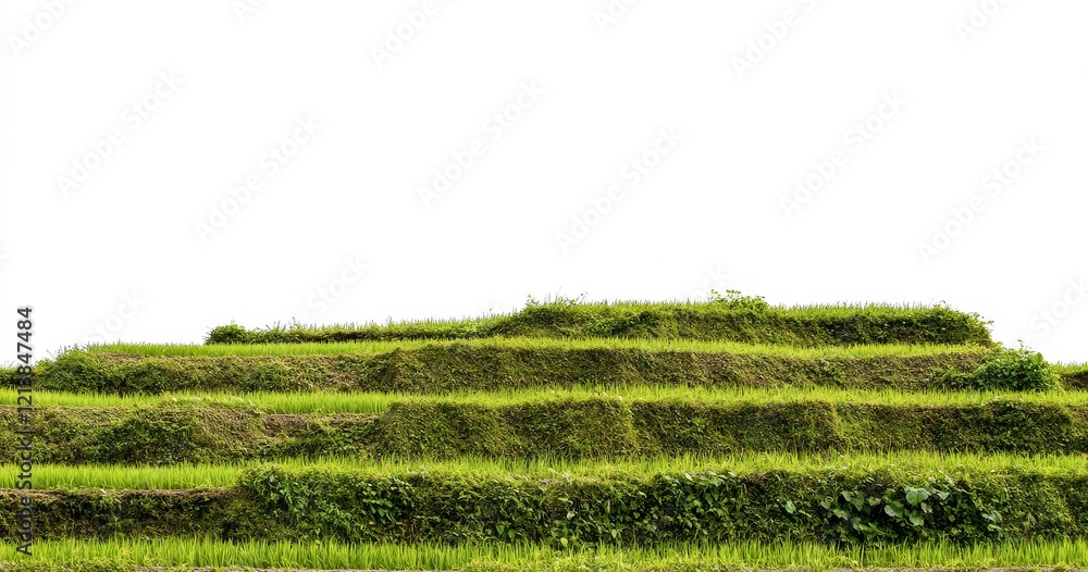 Lush green terraced rice paddy field isolated on white background. Lush green terraced rice paddy field isolated on white background.