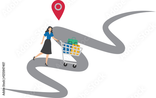 Customer journey, analysis of marketing or advertising strategies, customer experience in purchasing products, man pushing shopping cart on customer journey path