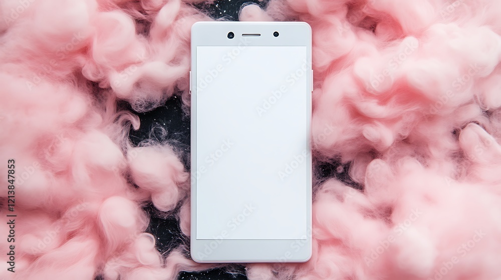 White Smartphone Immersed in Pink Cloudlike Substance White Smartphone Immersed in Pink Cloudlike Substance