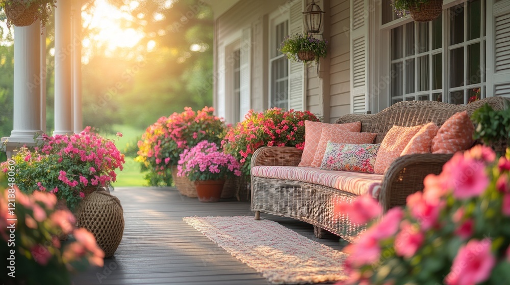 Cozy porch with floral decor and sunset ambiance Cozy porch with floral decor and sunset ambiance