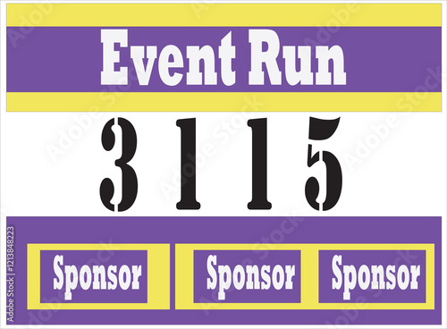 Purple colored marathon number bib isolated on yellow