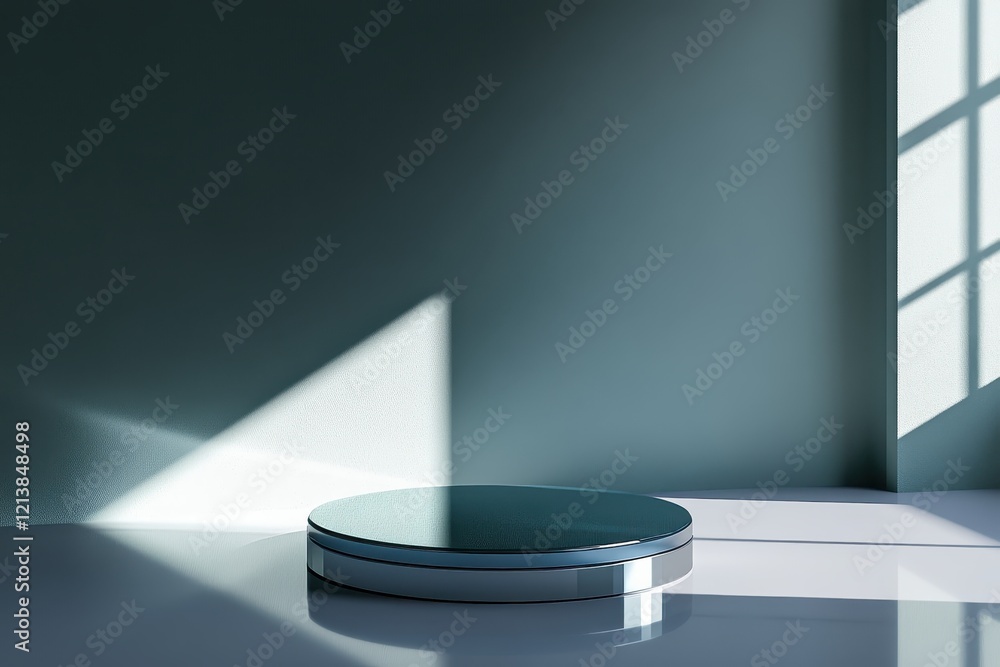 Circular platform illuminated by soft sunlight in a minimalist room emphasizes serene tranquility and artistic simplicity. Generative AI Circular platform illuminated by soft sunlight in a minimalist room emphasizes serene tranquility and artistic simplicity. Generative AI
