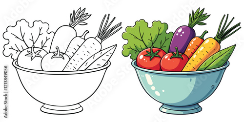 Vegetables and Fruits Line Art Vector Illustration Black and White with Coloring Sample. Bold and Easy Food, Fruits, Sweets, Drinks, Dessert, and Snacks Coloring Pages for Adults and Kids