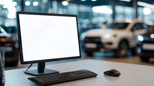 Modern workspace with a blank computer screen, keyboard, and mouse in a car dealership setting