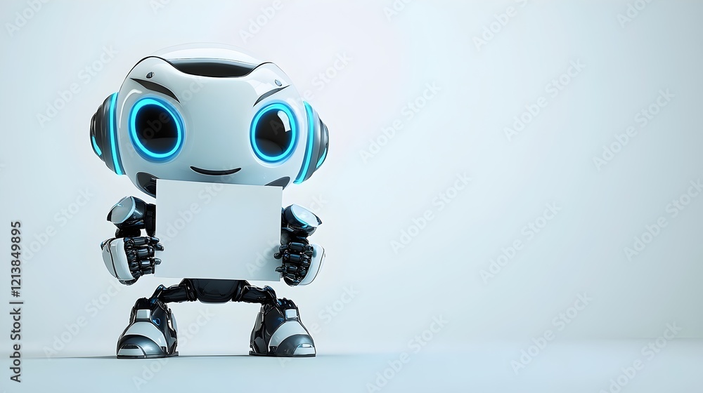3D cute Robot holding a empty sign on gray background 3D cute Robot holding a empty sign on gray background