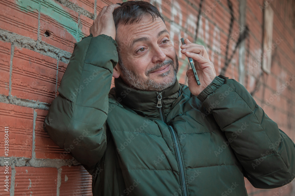 Fototapeta premium middle aged man talking on mobile phone on street
