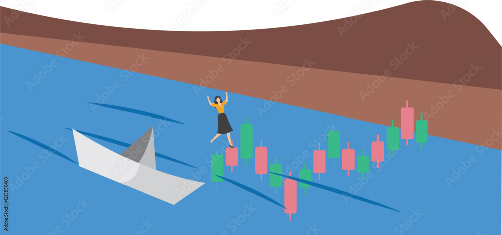 Navigating stock market volatility, identify stock market or cryptocurrency market risks, Financial investment volatility, business investor walks carefully past lifebuoy from investment bar chart Navigating stock market volatility, identify stock market or cryptocurrency market risks, Financial investment volatility, business investor walks carefully past lifebuoy from investment bar chart