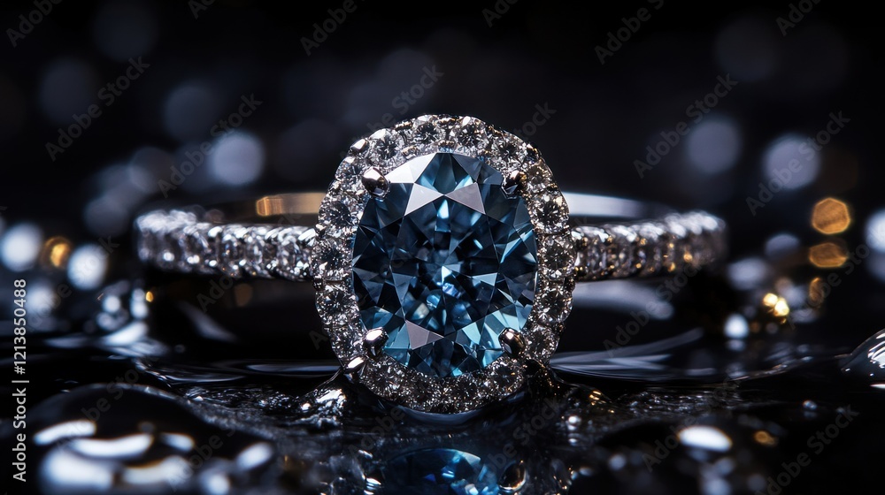 A bold and striking blue diamond with sharp brilliance, surrounded by a radiant light ring, symbolizing resilience and trust on black.