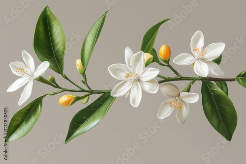 Neroli twig. Isolated Citrus aurantium with a bloom and fruit branch. Generative Ai