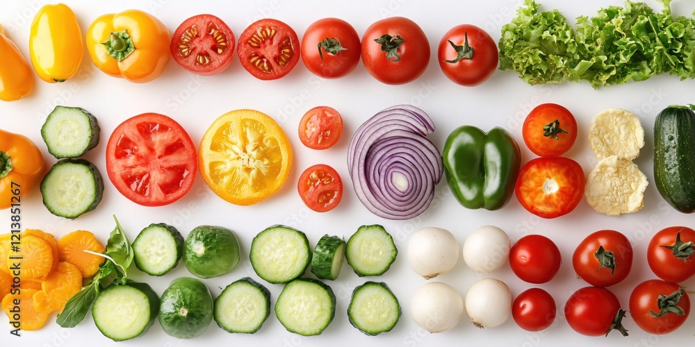 Fresh colorful vegetables arranged in rows on white background for healthy eating concept Fresh colorful vegetables arranged in rows on white background for healthy eating concept