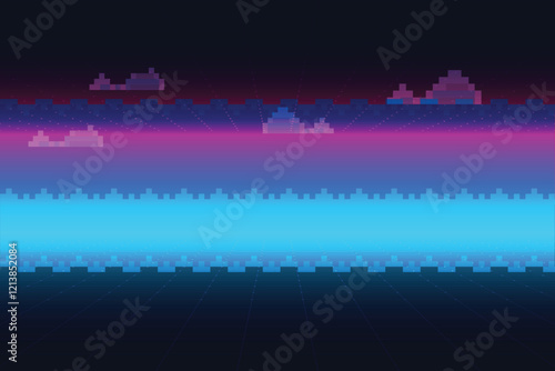 Pixel art background. 8 bit game. retro game. for game assets in vector illustrations. Retro Futurism Sci-Fi Background. glowing neon grid and stars from vintage arcade comp