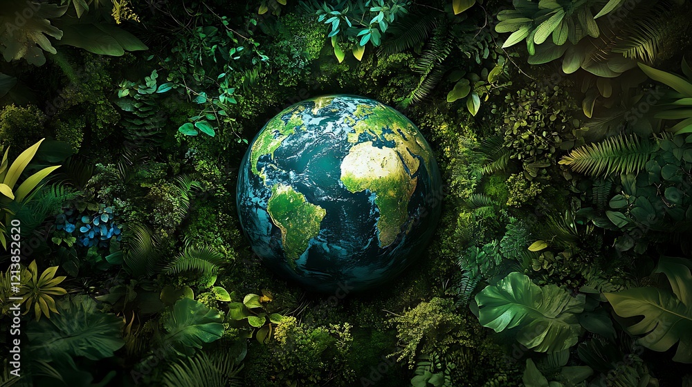 Lush green earth surrounded by thriving plants and vibrant foliage for a sustainable world Lush green earth surrounded by thriving plants and vibrant foliage for a sustainable world