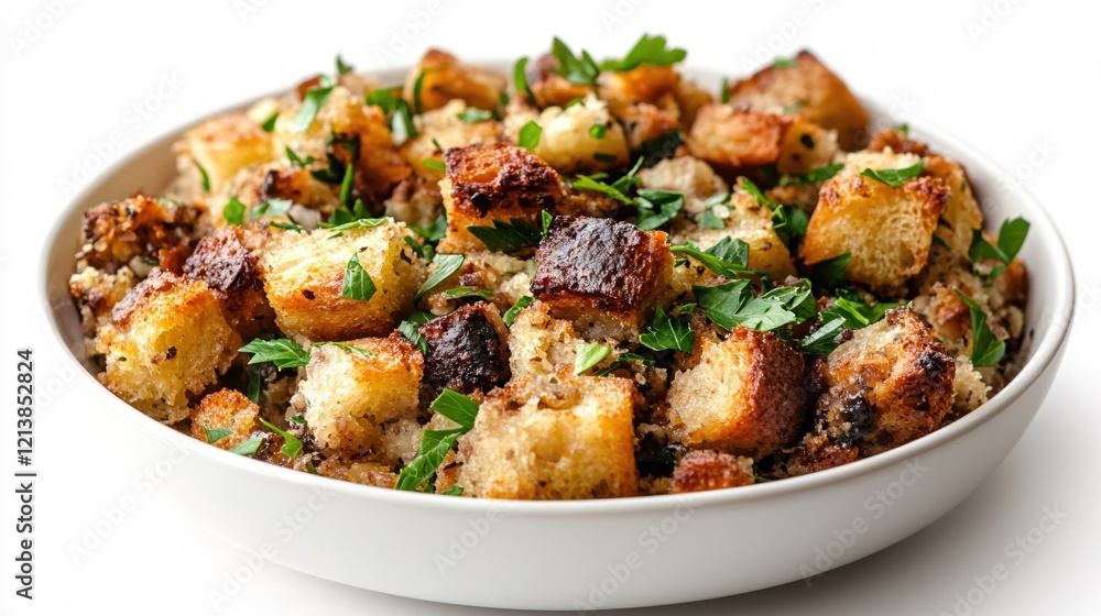 Bread stuffing with herbs in a white bowl on a white background ready for a holiday meal Bread stuffing with herbs in a white bowl on a white background ready for a holiday meal