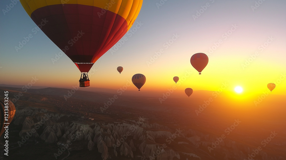 Obraz premium Hot air balloons drifting in the sky at sunrise over the rock formations of Cappadocia