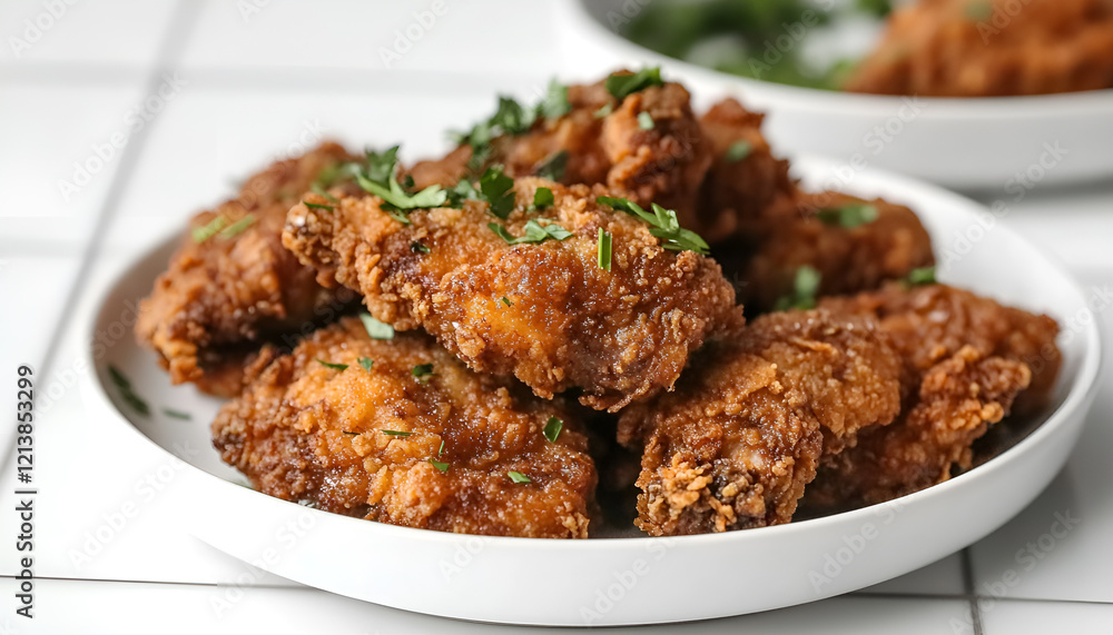 Tasty fried chicken liver with onion served on white tiled table, closeup Tasty fried chicken liver with onion served on white tiled table, closeup