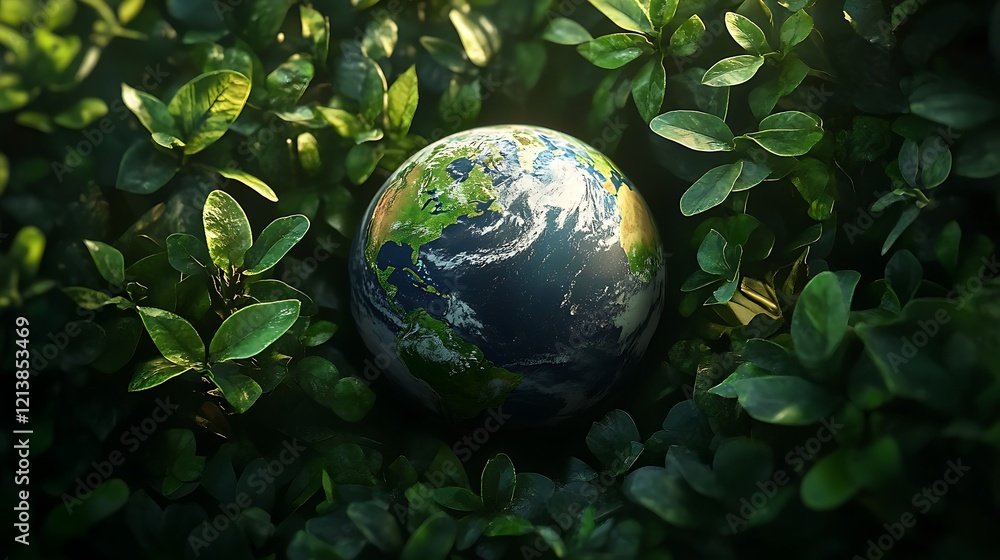 Earth with green foliage thriving around it showing a vision for eco-sustainability Earth with green foliage thriving around it showing a vision for eco-sustainability