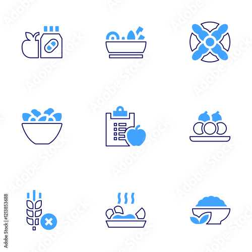 Nutrition icon set. Bold line style. Duotone colors. Editable stroke. salad, ceviche, laddu, naengmyeon, bread of the dead, barley, vitamins, healthy, diet