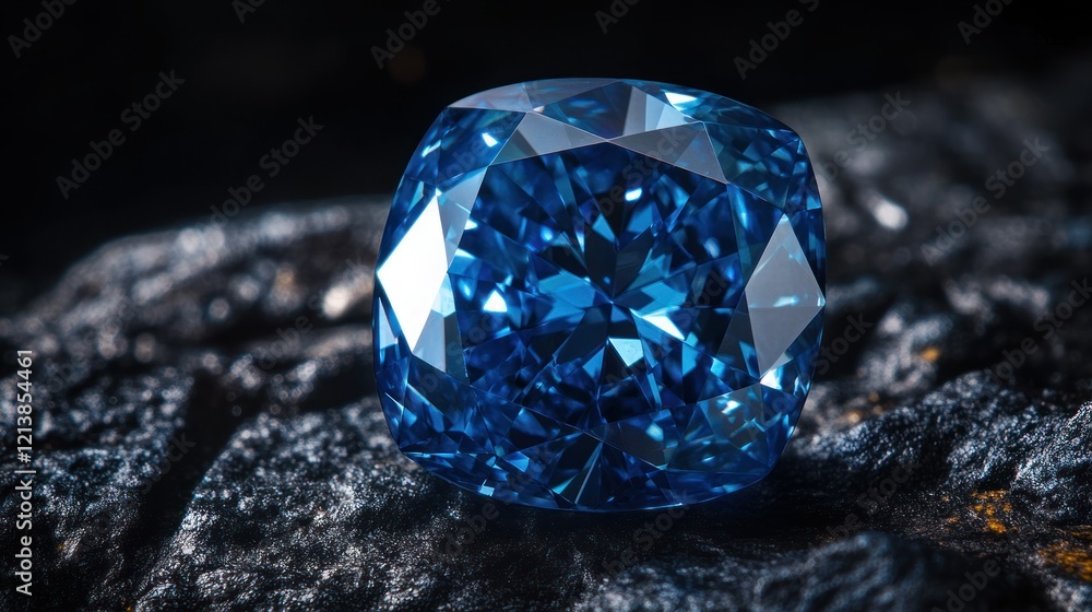 A high-resolution image of a massive blue diamond with sharp details, glowing with a soft aura of light on a bold black backdrop A high-resolution image of a massive blue diamond with sharp details, glowing with a soft aura of light on a bold black backdrop