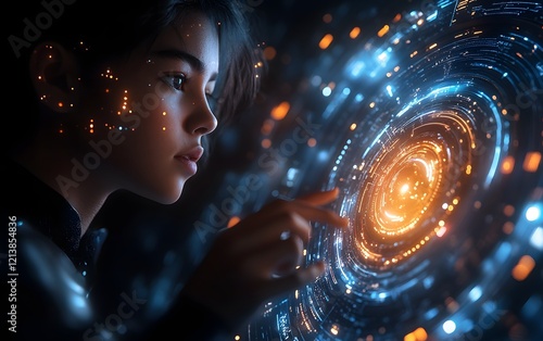 Captivated Woman Exploring Futuristic Holographic Interface in Cosmic Environment