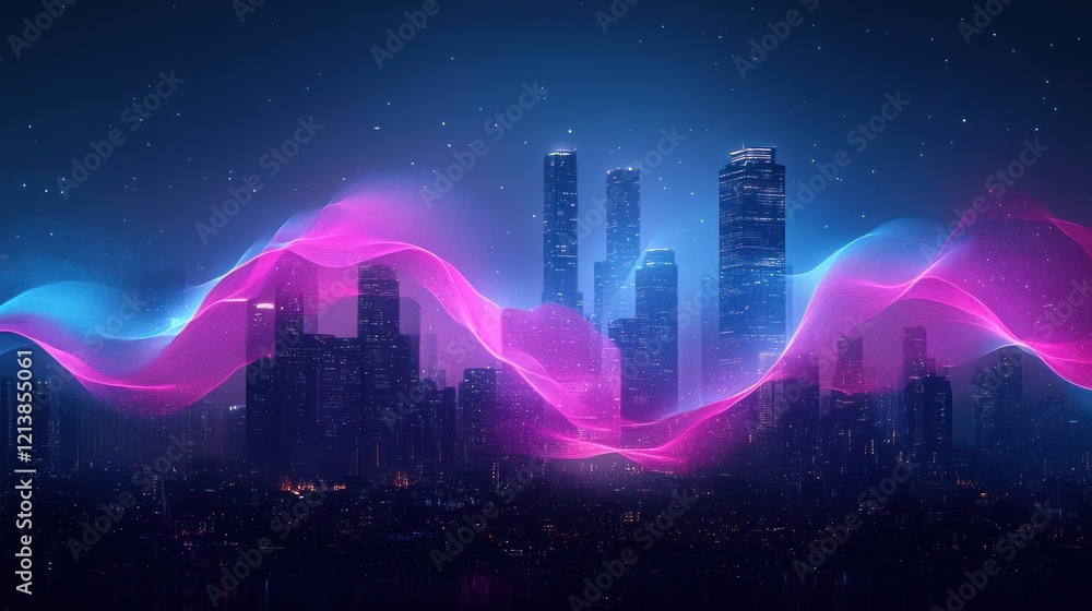 Fototapeta premium Vibrant cityscape with colorful light waves at night