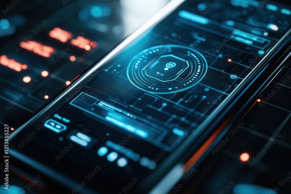 Smart phone futuristic interface, digital dashboard, security app, tech background, website Smart phone futuristic interface, digital dashboard, security app, tech background, website