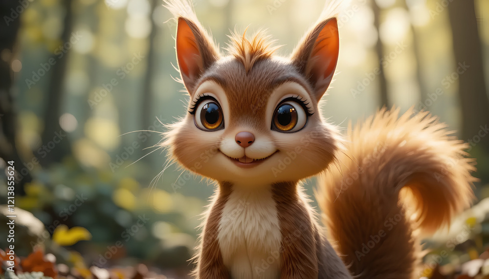 Adorable Animated Squirrel Poses with a Sweet Smile in a Sunlit Forest Adorable Animated Squirrel Poses with a Sweet Smile in a Sunlit Forest