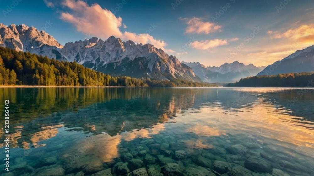 Naklejka premium Scenic view of lake against sky during sunset. Sunny outdoor scene in German Alps, Bavaria, Germany, Europe. Beauty of nature concept background
