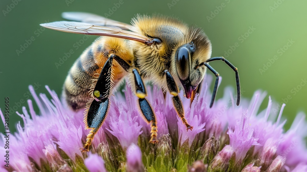 Bee pollinating purple flower, garden, closeup Bee pollinating purple flower, garden, closeup