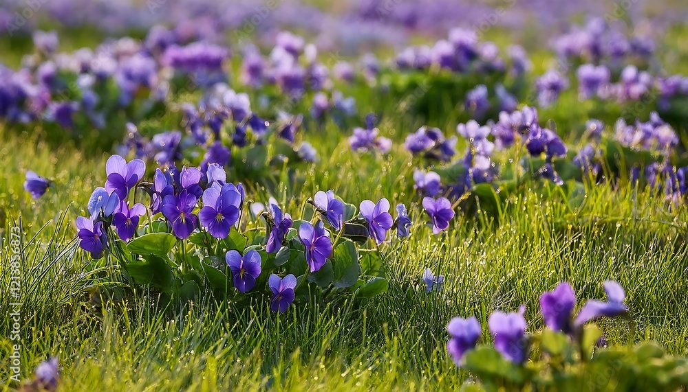Vibrant Purple Pansy Field Meadow in Morning Dew Vibrant Purple Pansy Field Meadow in Morning Dew