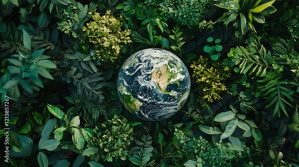 Sustainable earth surrounded by vibrant green foliage representing natural beauty Sustainable earth surrounded by vibrant green foliage representing natural beauty