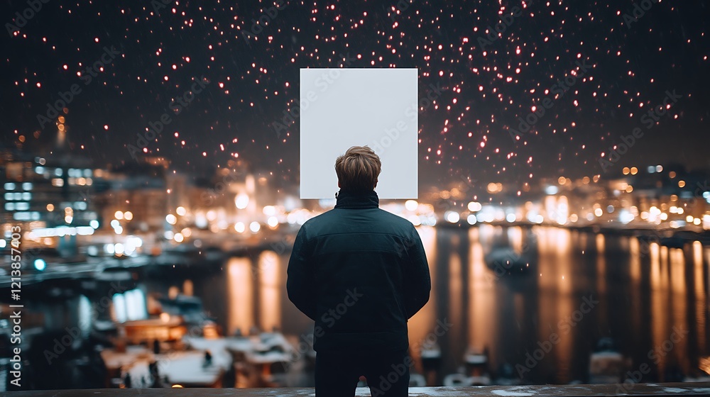 Fototapeta premium Man Facing Blank Canvas City Lights Background