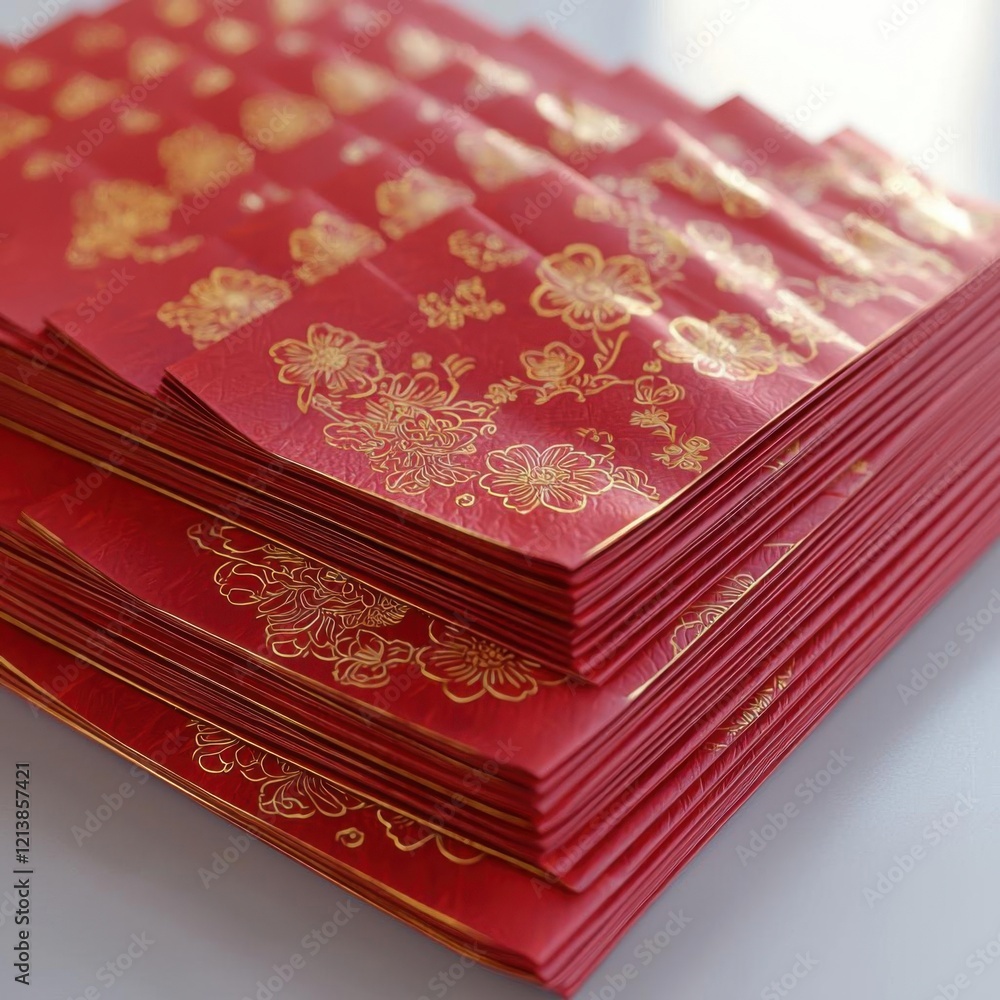 Fototapeta premium Hyperrealistic 3D Render - Red Angpao Envelopes with Gold Embossing