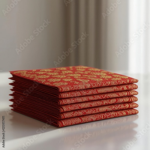 Hyperrealistic 3D Render - Red Angpao Envelopes with Gold Embossing photo